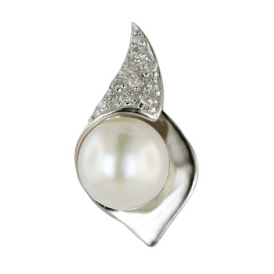 Sterling Silver Pendant Clear Cubic Zirconia Lotus Leaf with White Fresh Water