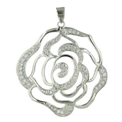 Sterling Silver Pendant Clear Cubic Zirconia+Silver Open Flower--Rhodium Plating/Nickle Free--