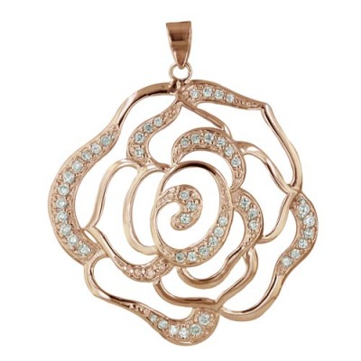Sterling Silver Pendant Clear Cubic Zirconia+Rosegold Plate Open Flower--Rhodium Plating/Nickle Free--