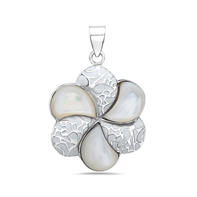 Sterling Silver Pendant 4 Leaf Whiite Mother of Pearl Flower Petals with Clear Cubic Zirconia Arou