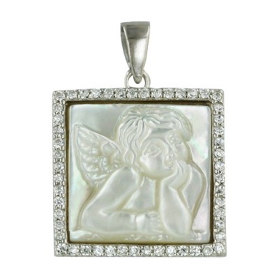 Marcasite Pendant 20X20mm Square White Mother of Pearl Child Angel Cameo