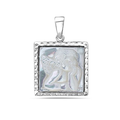 Sterling Silver Pendant 20X20mm Square White Mother of Pearl Child Angel Cameo