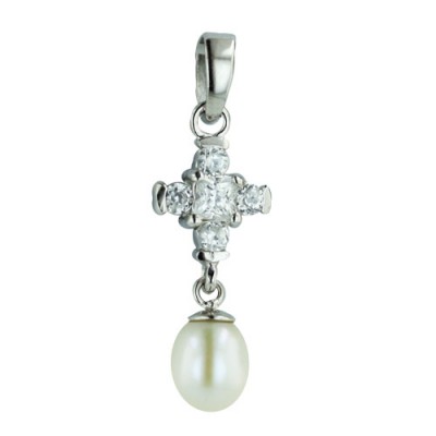 Sterling Silver Pendant Square+4 Side Clear Cubic Zirconia Cross Top with White Fresh Water Pearl D
