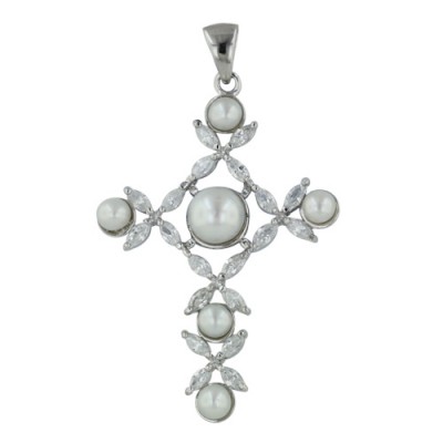 Sterling Silver Pendant 6 White Fresh Water Pearl with Clear Cubic Zirconia Marquis Cross--Rhodium Plating/Nickle Free-
