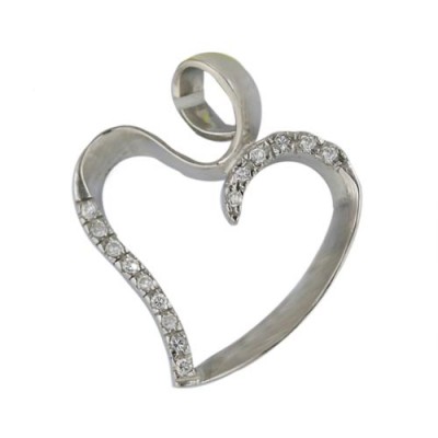 Sterling Silver Pendant Clear Cubic Zirconia Open Heart--Rhodium Plating