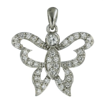 Sterling Silver Pendant Open Clear Cubic Zirconia Butterfly--Rhodium Plating/Nickle Free--