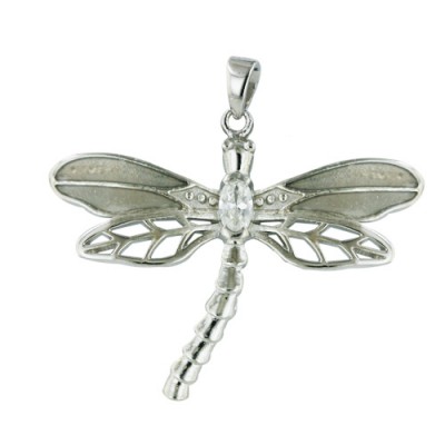 Sterling Silver Pendant Light Gray Enamel Open Plain Dragonfly--Rhodium Plating/
