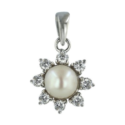 Sterling Silver Pendant 7mm White Potato Freshwater Pearl with Clear Cubic Zirconia