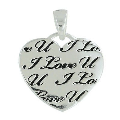 Sterling Silver Pendant 28mm Plain Heart with Oxidized Text "I Love Y