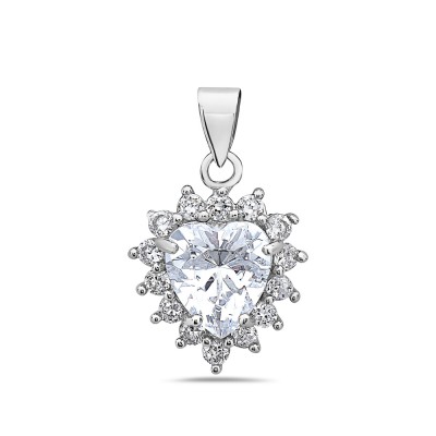 Sterling Silver Pendant 1.8 mm Clear Cubic Zirconia Heart with Cubic Zirconia Petals Around-