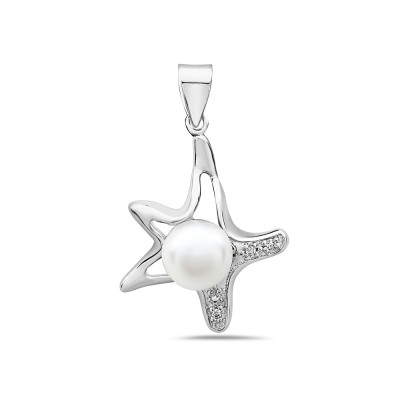 Sterling Silver Pendant with 8mm Shell Pearl & Cubic Zirconia Open Starfish