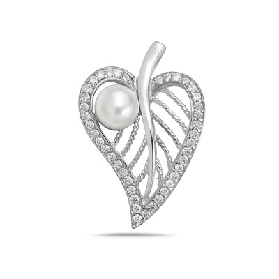 Sterling Silver Pendant Open Leaf with Clear Cubic Zirconia+7mm Fresh Water Pearl