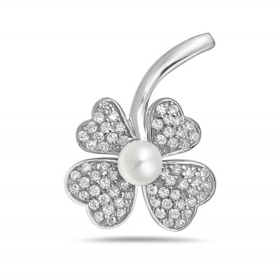 Sterling Silver Pendant Clear Cubic Zirconia with 8mm White Fresh Water Pearl Rhodium Plating Plating Ref