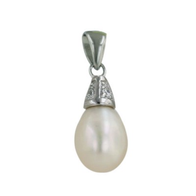 Sterling Silver Pendant 5 Sides Pyramid + 8-9mm Oval Fresh Water Pearl with Clear Cubic Zirconia