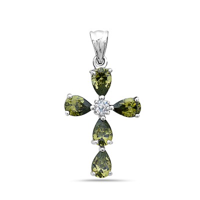 Sterling Silver Pendant 25-22mm Cross with Olive Cubic Zirconia