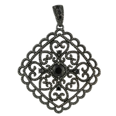 Sterling Silver Pendant Filigree Diamond Shape Ruthenium Plating with