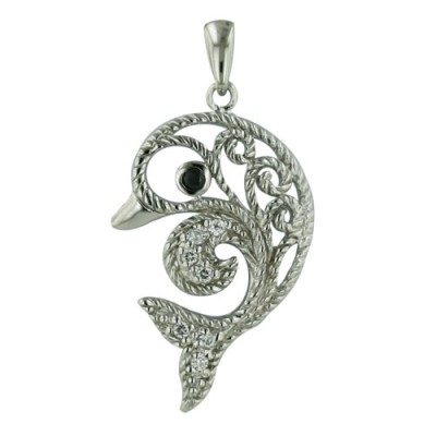 Sterling Silver Pendant 17-23mm Open Dolphin with Black Cubic Zirconia+Clear Cubic Zirconia