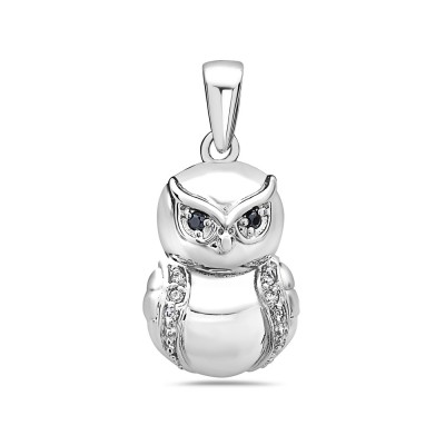 Sterling Silver Pendant of Owl with Clear Cubic Zirconia and Black Cubic Zirconia Eyes