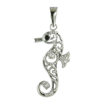 Sterling Silver Pendant of Seahorse with Clear Cubic Zirconia and Black Cubic Zirconia