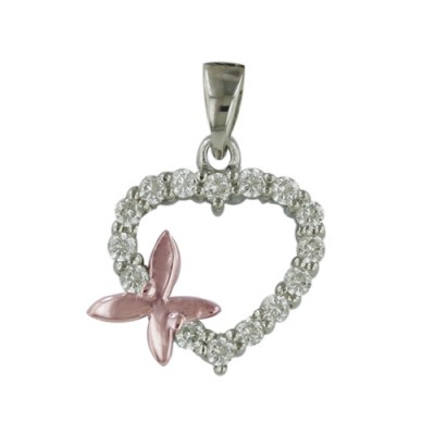 Sterling Silver Pendant of Rhodium Heart with Clear Cubic Zirconia and Rose