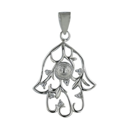 Sterling Silver Pendant Jewish Hand with Evil Eye with Clear Cubic Zirconia