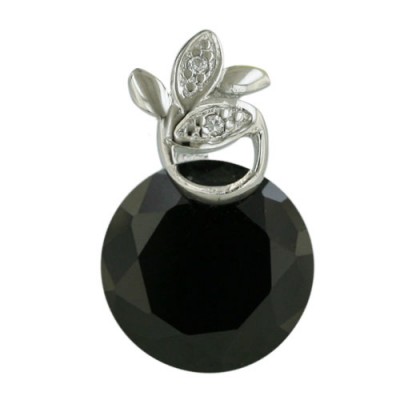 Sterling Silver Pendant with Flower Cubic Zirconia at Top and Round Black C