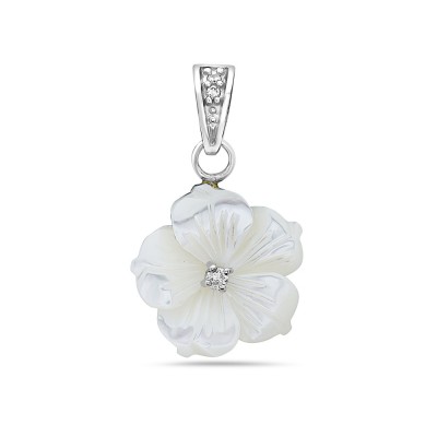 Sterling Silver Pendant Mother of Pearl Flower with Clear Cubic Zirconia