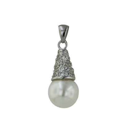 Sterling Silver Pendant Clear Cubic Zirconia Corn with 10-10mm Shell Pearl
