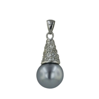 Sterling Silver Pendant Clear Cubic Zirconia Corn with 10-10mm Gray Shell Pearl