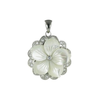Sterling Silver Pendant with 24mm Mother of Pearl Flower with Clear Cubic Zirconia Border
