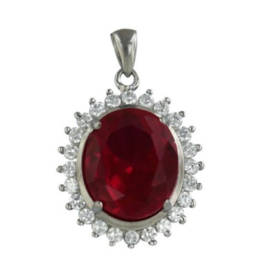 Sterling Silver Pendant 14mm/12mm Oval Synthetic Corundum (Ruby#5) G