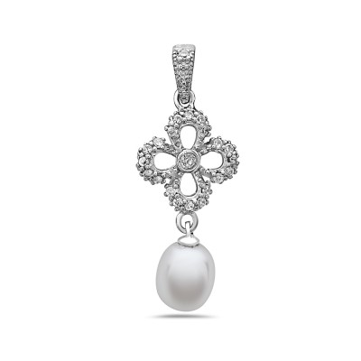 Sterling Silver Pendant 5mm Bail White Fresh Water Pearl with Clear Cubic Zirconia Open Flower Top-