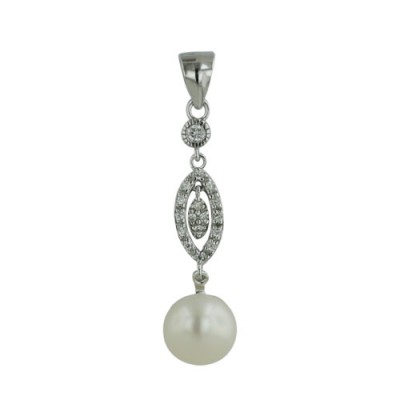 Sterling Silver Pendant 9mm 4mm Bail White Fresh Water Pearl +Clear Cubic Zirconia Open Marq