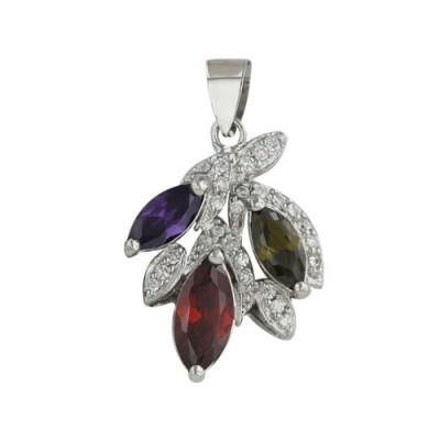 Sterling Silver Pendant Multicolor-Color Cubic Zirconia Olivine+Garnet +Amethyst Marquis Leaf with Cle