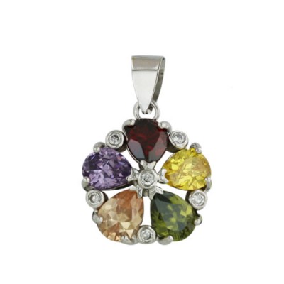 Sterling Silver Pendant Multicolor-Color Cubic Zirconia 5 Petals Flowers Tear Drop Garnet +