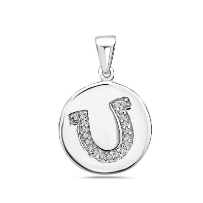 Sterling Silver Pendant 15mm Round Chip with "U" Engraved with Clear Cubic Zirconia+Bai