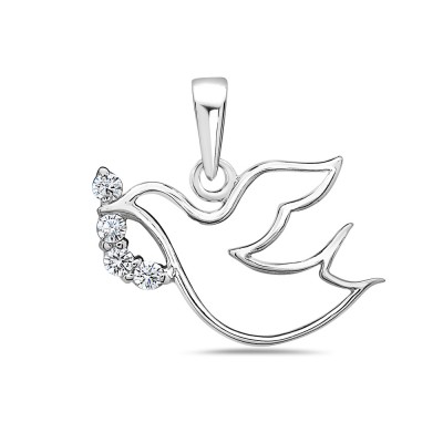 Sterling Silver Pendant Peace Dove with Olive Branch Clear Cubic Zirconia