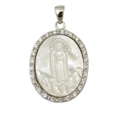Sterling Silver Pendant 18.85-23.3mm Oval Mother of Pearl Engraved Jesus with Clear