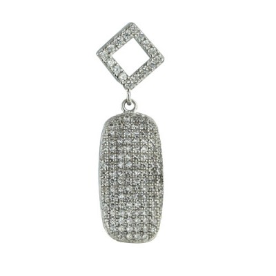 Sterling Silver Pendant Puffy Oval Shape Drop Paved in Clear Cubic Zirconia