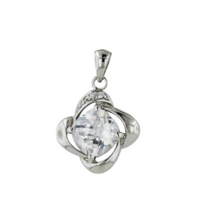 Sterling Silver Pendant 8X8mm Clear Cubic Zirconia Center Small Clear Cubic Zirconia on