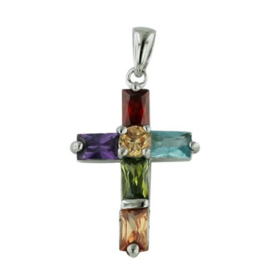 Sterling Silver Pendant Cross Multicolor-Color Rectangle Cubic Zirconia