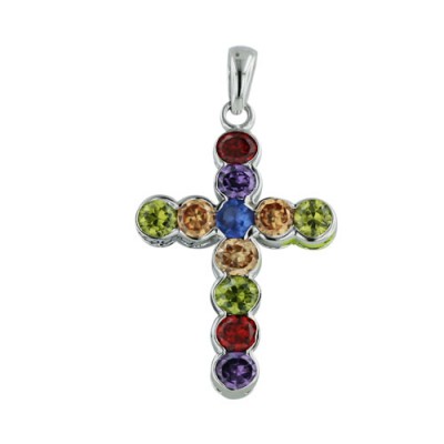 Sterling Silver Pendant Rd Multicolor Color Cubic Zirconia Form Cross