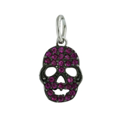 Sterling Silver Pendant Skull Fuschia Cubic Zirconia -Rhodium Plating Plating-