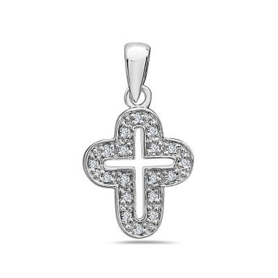 Sterling Silver Pendant Cross Hollow Round Corners with Clear Cubic Zirconia