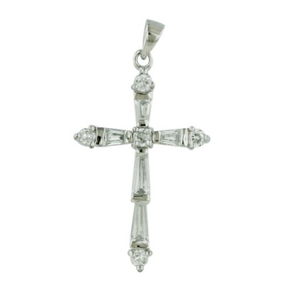 Sterling Silver Pendant Cross Paved in Trapezoid/Rd Clear Cubic Zirconia