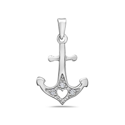 Sterling Silver Pendant Boat Anchor with Heart Center and Clear Cubic Zirconia