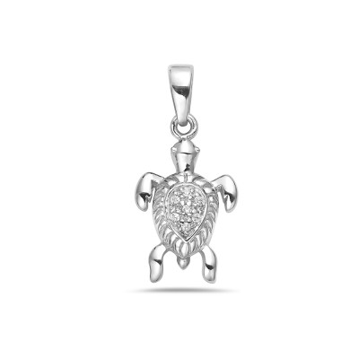 Sterling Silver Pendant Sea Turtle with Clear Cubic Zirconia on Shell