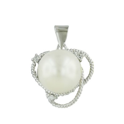 Sterling Silver Pendant 12mm Mother of Pearl Rope Trinity Clear Cubic Zirconia