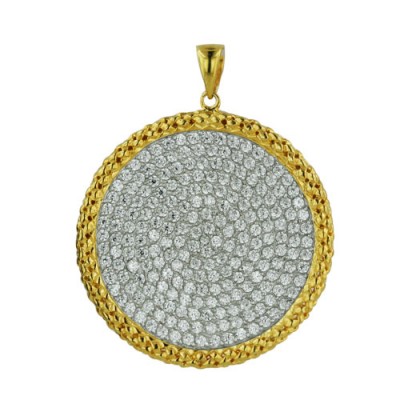 Sterling Silver Pendant Rd Clear Cubic Zirconia Paved Face Gold Braided Side