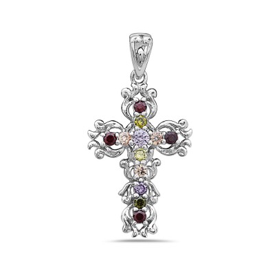 Sterling Silver Pendant Filigree Cross with Multicolor-Color Cubic Zirconia